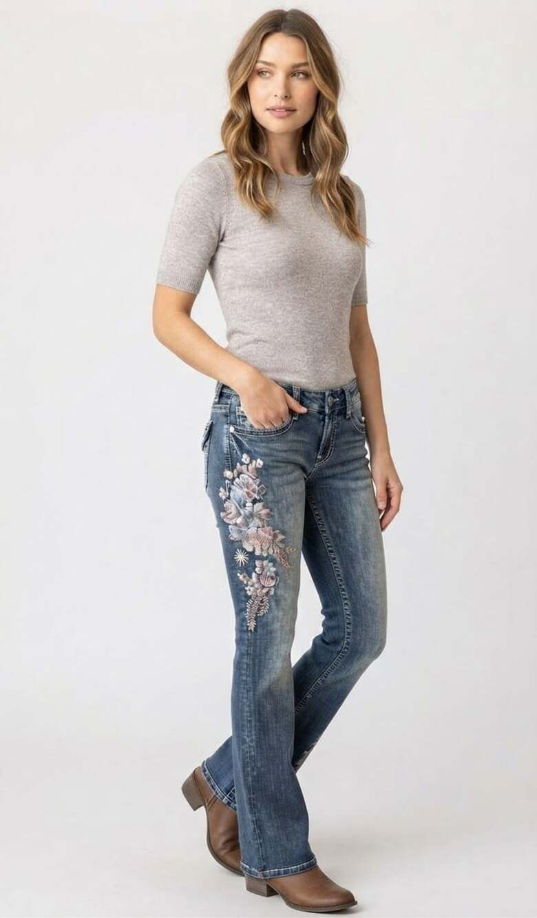 Grace In LA Boot Cut Jeans Size 27 Floral Embroidery